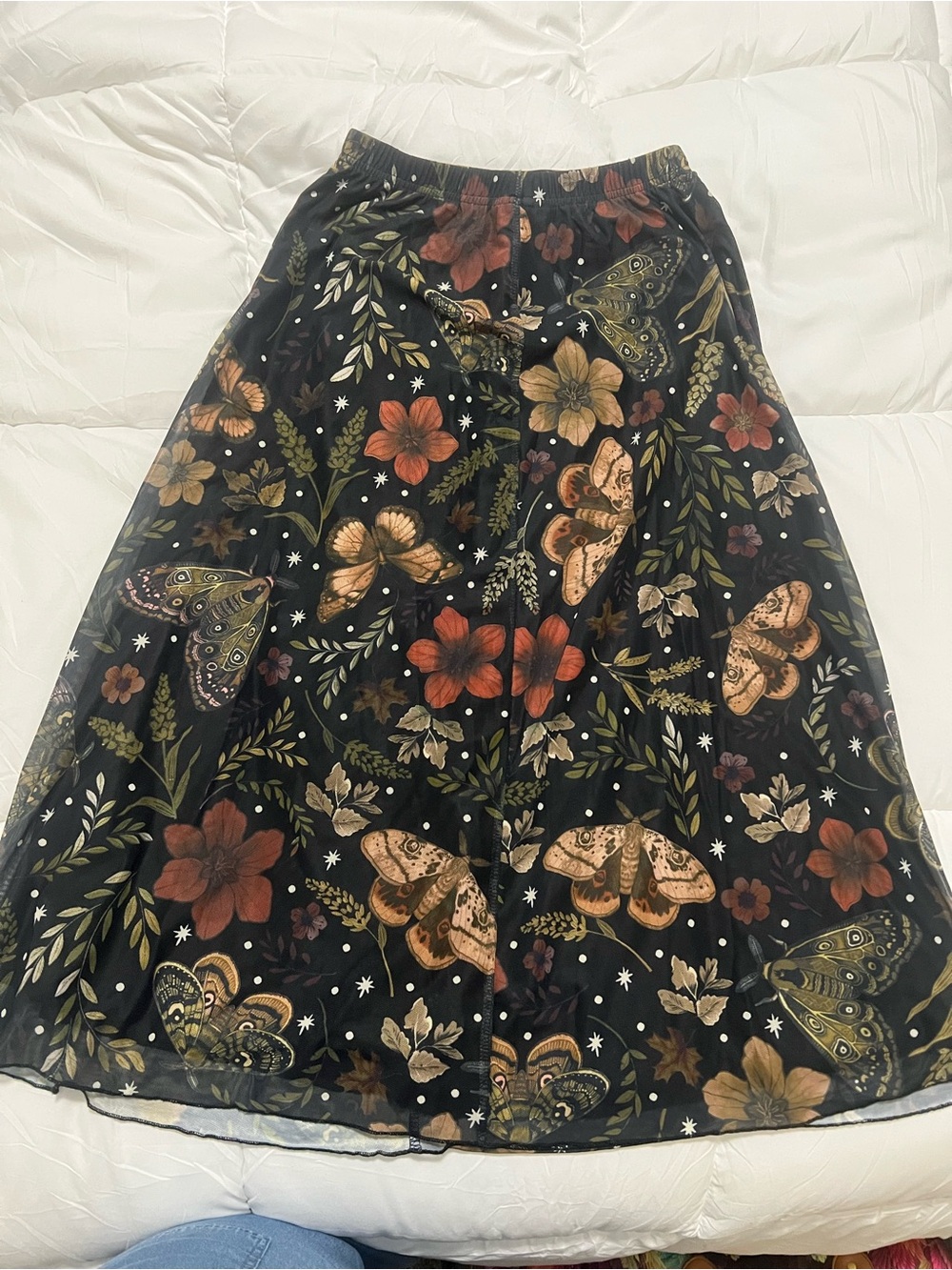 SHEIN Black Midi Skirt with Floral & Moth Print